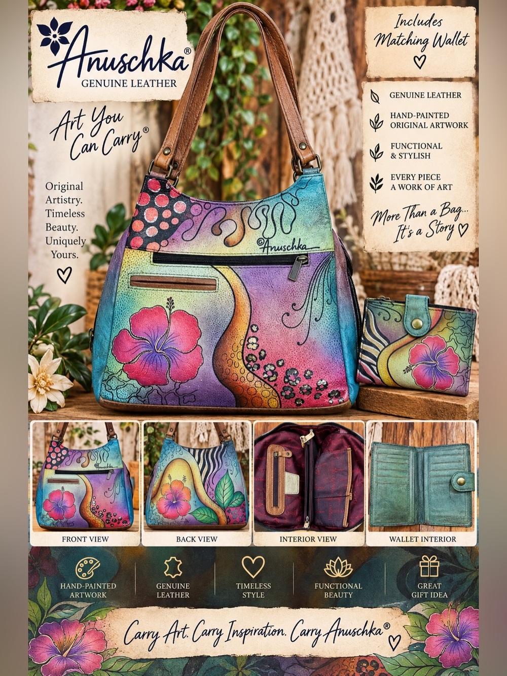 Anuschka Hand-Painted Multicolor Leather Shoulder Bag